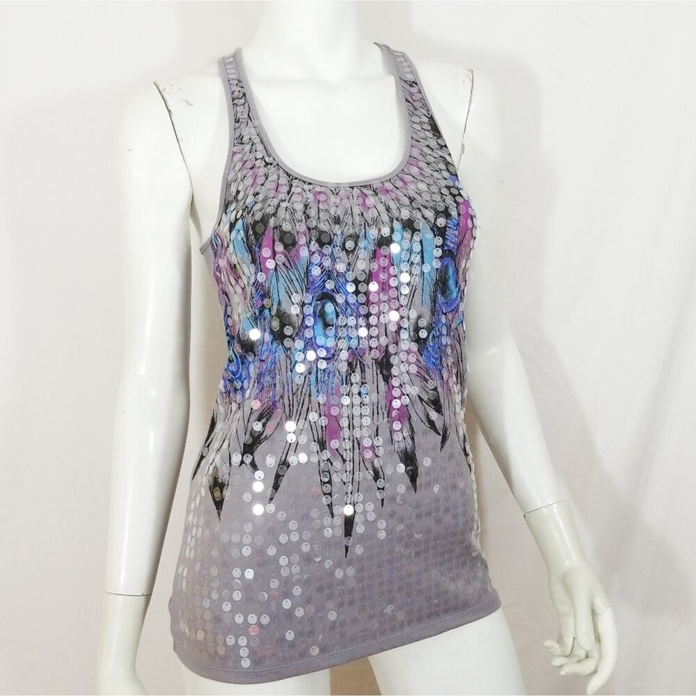 Almost Famous tribal feather sequin disc tank top